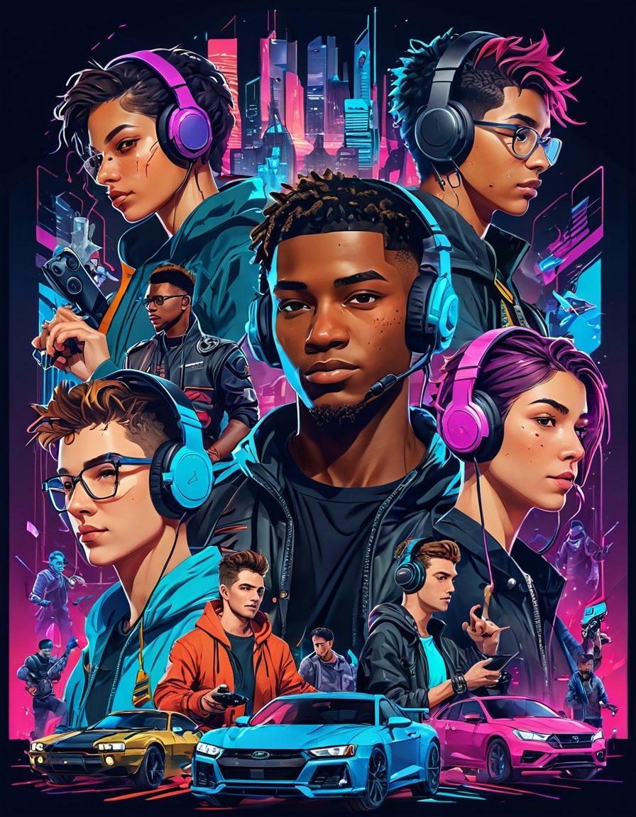 A dynamic collage showcasing various gaming trends, featuring a diverse group of gamers with headsets, surrounded by popular gaming consoles and vibrant game art. In the background, display elements like streaming icons, eSports trophies, and visual representations of trending games. Use bold colors and a modern, techy aesthetic to create an energetic vibe. Illustrate the connection and interaction among gamers in a lively setting. cyberpunk. vibrant colors. dynamic composition.