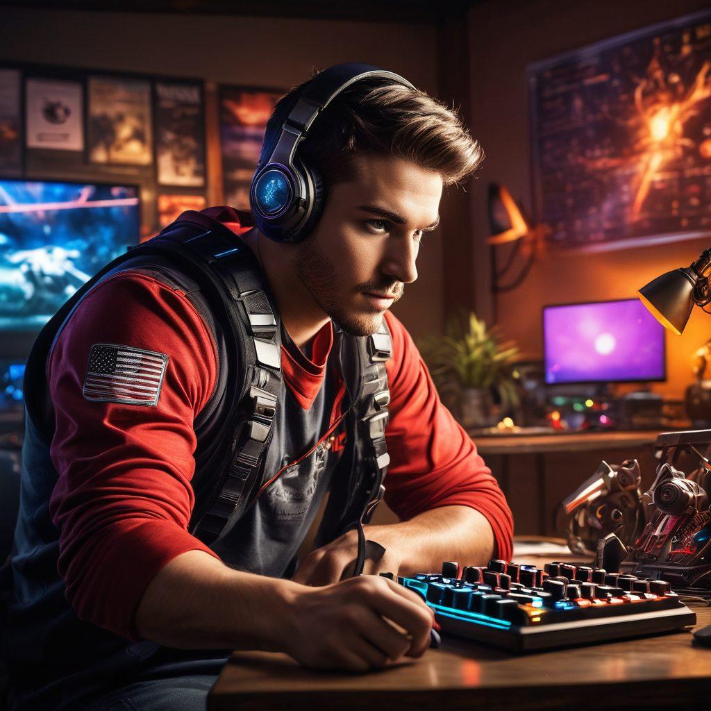 A dynamic composition of a gamer in an intense gaming environment, surrounded by vibrant gaming gear and strategy charts, with a radiant victory trophy glowing in the background. Include various gaming consoles and accessories, showcasing an array of genres from FPS to RPGs. The atmosphere should be electric with visually appealing graphics, emphasizing the thrill of competition and teamwork. super-realistic. vibrant colors. dynamic lighting.