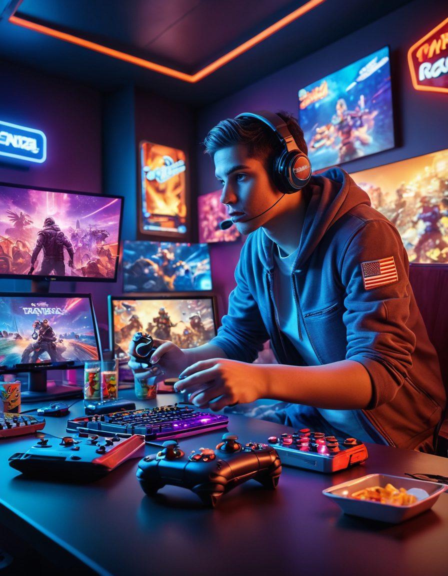 A dynamic gaming scene featuring a diverse group of gamers of different ages and backgrounds, actively engaging with vibrant screens showing various gaming genres. Include elements like controllers, headsets, and snack foods scattered around for realism. The background should have futuristic elements like neon lights and gaming posters, creating an immersive atmosphere. super-realistic. vibrant colors.